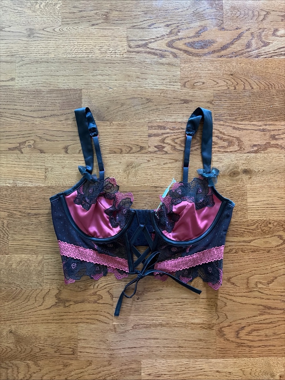 For Love & Lemons Women's Ivy Rose Lace Up Bustier Corset Black Pink Satin M Top